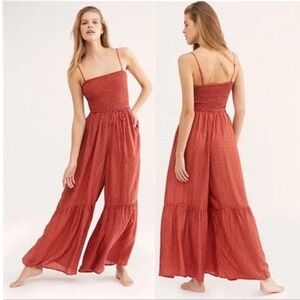 Free People Little Of Your Love Smocked Ditsy Floral Wide Leg Red Jumpsuit M